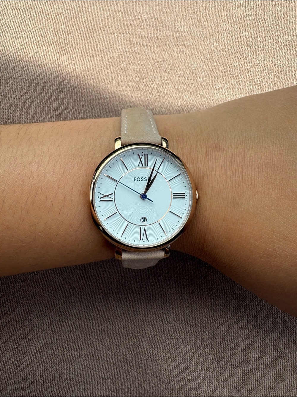 Fossil Rose Gold Case White Dial Beige Leather Strap Watch